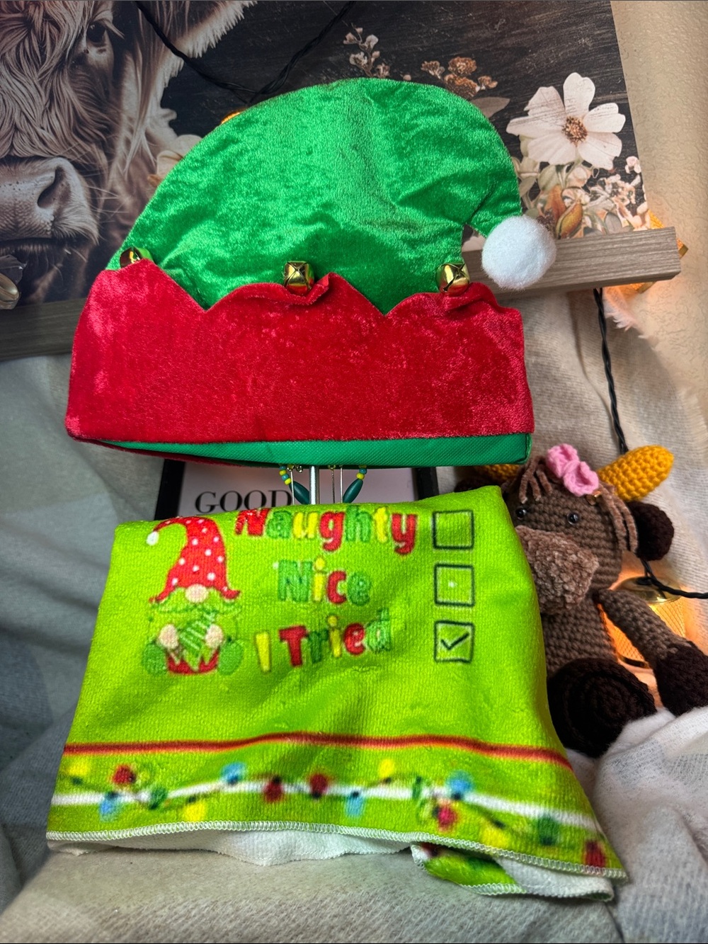 Unbranded Green & Red Elf Hat and Towel  Set